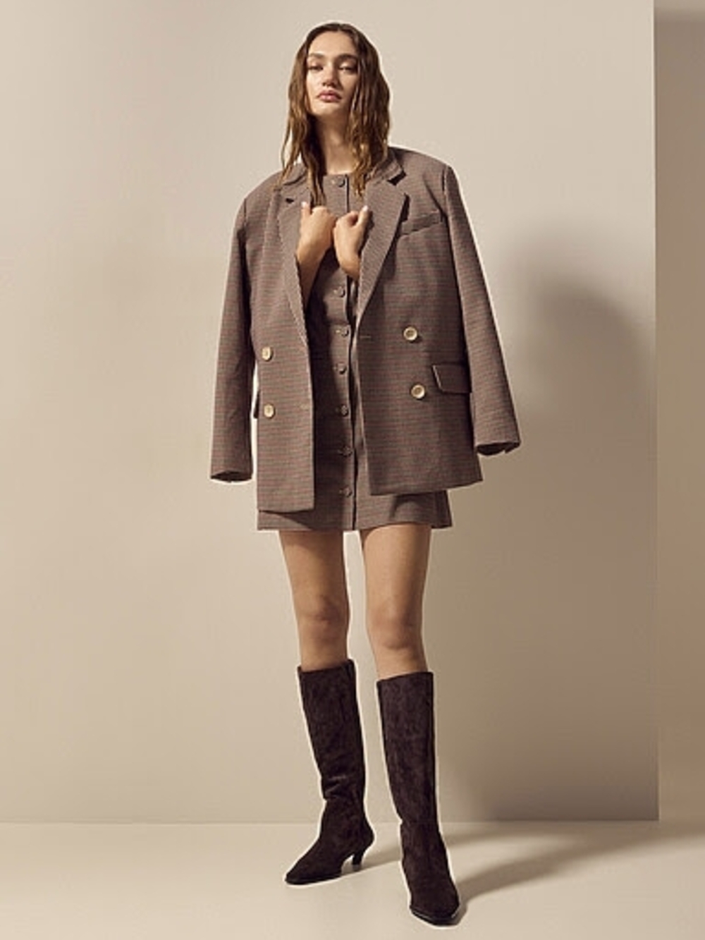 Simons Oversized Checked Blazer in Brown Taupe